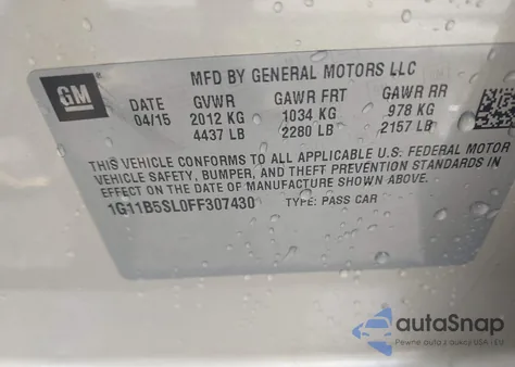 2015 Chevrolet Malibu Ls z USA, uszkodzony, nr VIN 1G11B5SL0FF307430